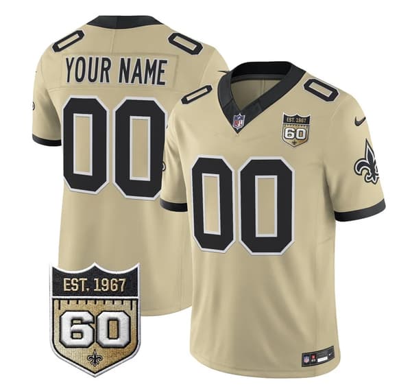 New Orleans Saints Active Player Custom Gold F.U.S.E. 60th Anniversary Patch Vapor Limited Football Stitched Jersey New Orleans Saints Active Player Custom Gold F.U.S.E. 60th Anniversary Patch Vapor Limited Football Stitched Jersey