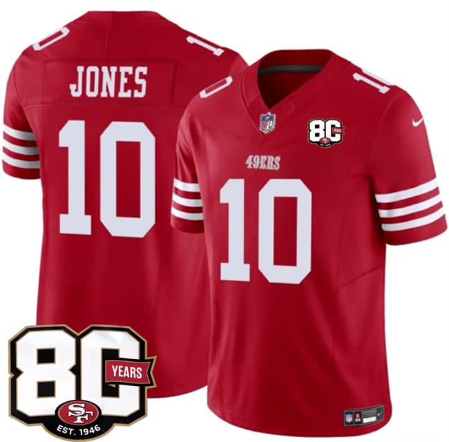 San Francisco 49ers #10 Mac Jones Red 80th Anniversary Patch 2026 F.U.S.E. Vapor Untouchable Limited Football Stitched Jersey