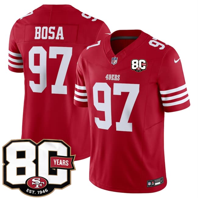 San Francisco 49ers #97 Nick Bosa Red 80th Anniversary Patch 2026 F.U.S.E. Vapor Untouchable Limited Football Stitched Jersey