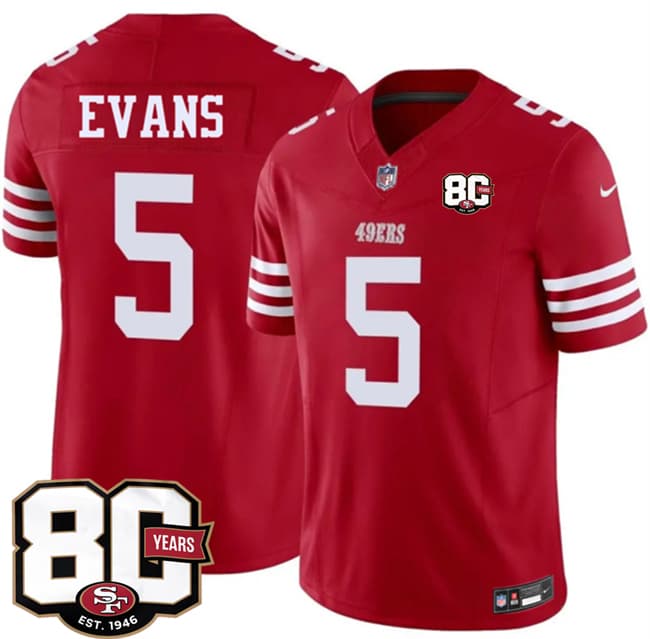 San Francisco 49ers #5 Mike Evans Red 80th Anniversary Patch 2026 F.U.S.E. Vapor Untouchable Limited Football Stitched Jersey