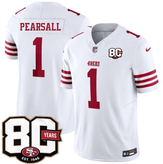 San Francisco 49ers #1 Ricky Pearsall White 80th Anniversary Patch 2026 F.U.S.E. Vapor Untouchable Limited Football Stitched Jersey
