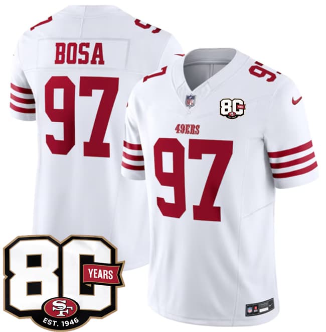 San Francisco 49ers #97 Nick Bosa White 80th Anniversary Patch 2026 F.U.S.E. Vapor Untouchable Limited Football Stitched Jersey