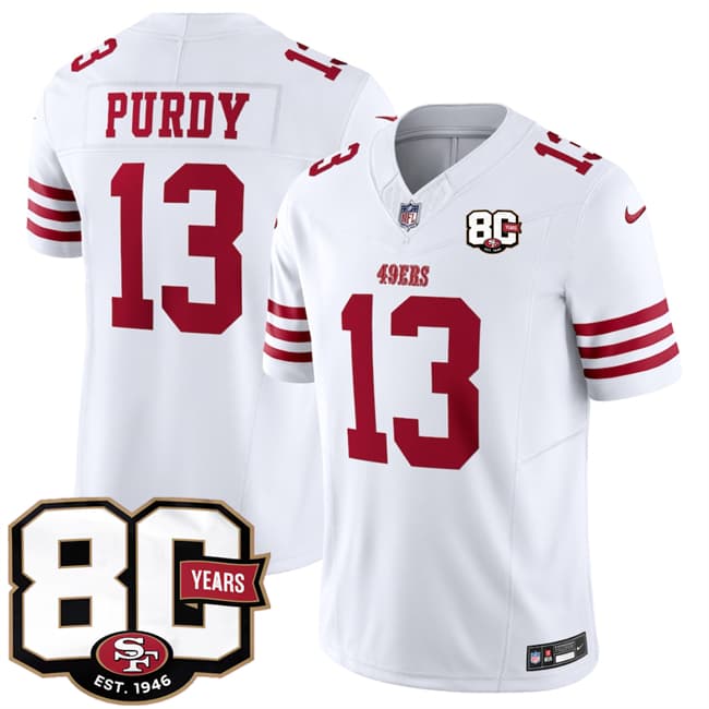 San Francisco 49ers #13 Brock Purdy White 80th Anniversary Patch 2026 F.U.S.E. Vapor Untouchable Limited Football Stitched Jersey