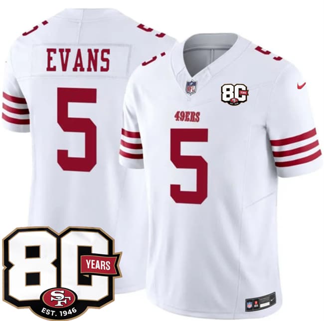 San Francisco 49ers #5 Mike Evans White 80th Anniversary Patch 2026 F.U.S.E. Vapor Untouchable Limited Football Stitched Jersey