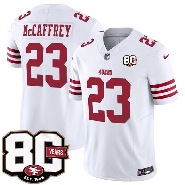 San Francisco 49ers #23 Christian McCaffrey White 80th Anniversary Patch 2026 F.U.S.E. Vapor Untouchable Limited Football Stitched Jersey