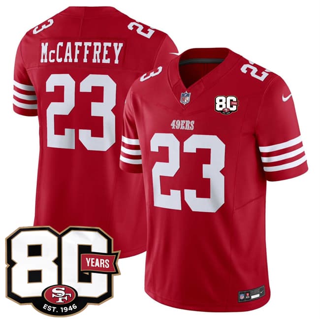San Francisco 49ers #23 Christian McCaffrey Red 80th Anniversary Patch 2026 F.U.S.E. Vapor Untouchable Limited Football Stitched Jersey
