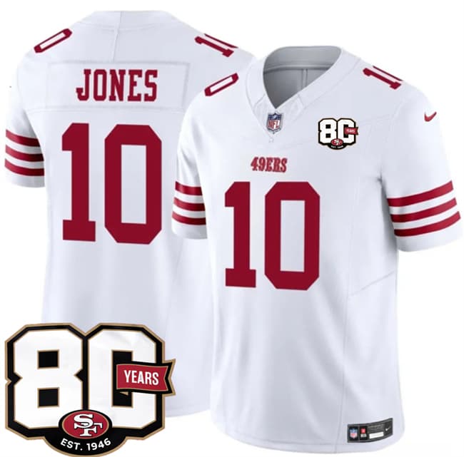 San Francisco 49ers #10 Mac Jones White 80th Anniversary Patch 2026 F.U.S.E. Vapor Untouchable Limited Football Stitched Jersey