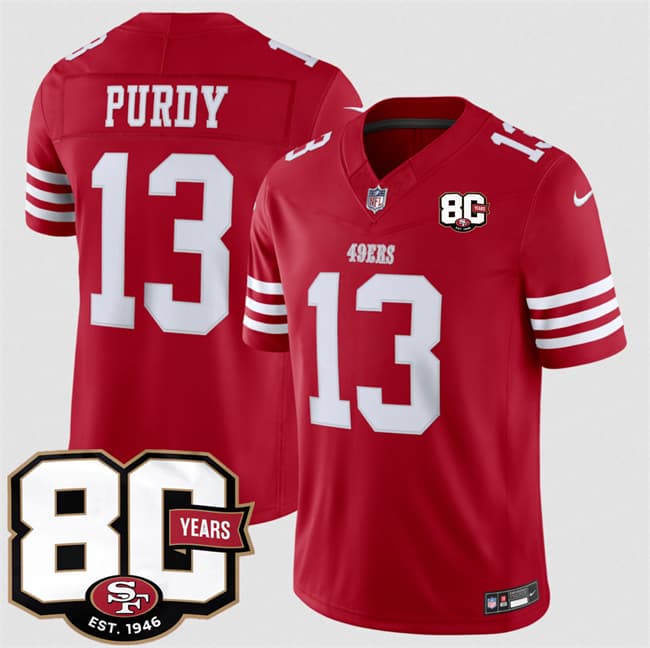 San Francisco 49ers #13 Brock Purdy Red 80th Anniversary Patch 2026 F.U.S.E. Vapor Untouchable Limited Football Stitched Jersey