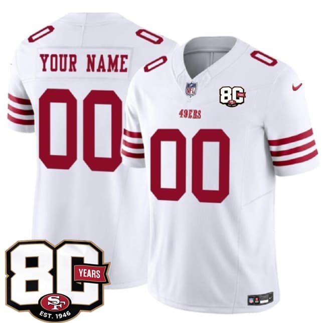 San Francisco 49ers Active Player Custom White 80th Anniversary Patch 2026 F.U.S.E. Vapor Untouchable Limited Football Stitched Jersey San Francisco 49ers Active Player Custom White 80th Anniversary Patch 2026 F.U.S.E. Vapor Untouchable Limited Football Stitched Jersey
