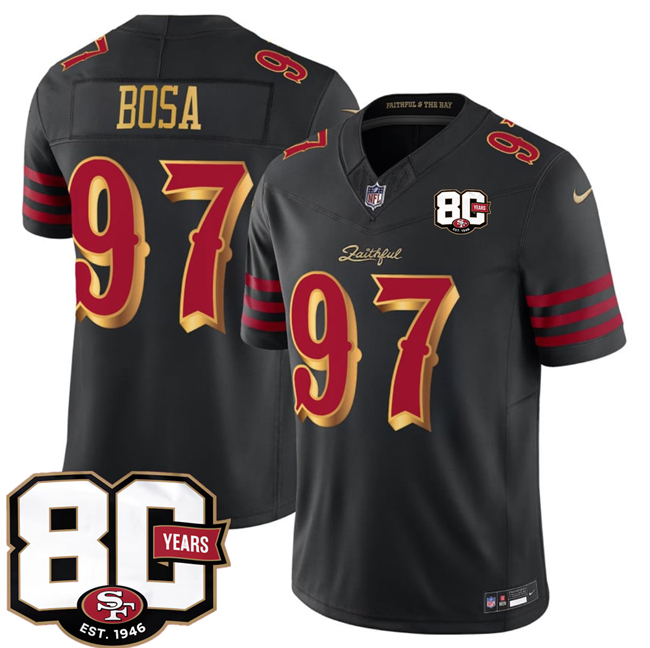 San Francisco 49ers #97 Nick Bosa Black 80th Anniversary Patch ??Rivalries?? 2026 F.U.S.E. Vapor Untouchable Limited Football Stitched Jersey