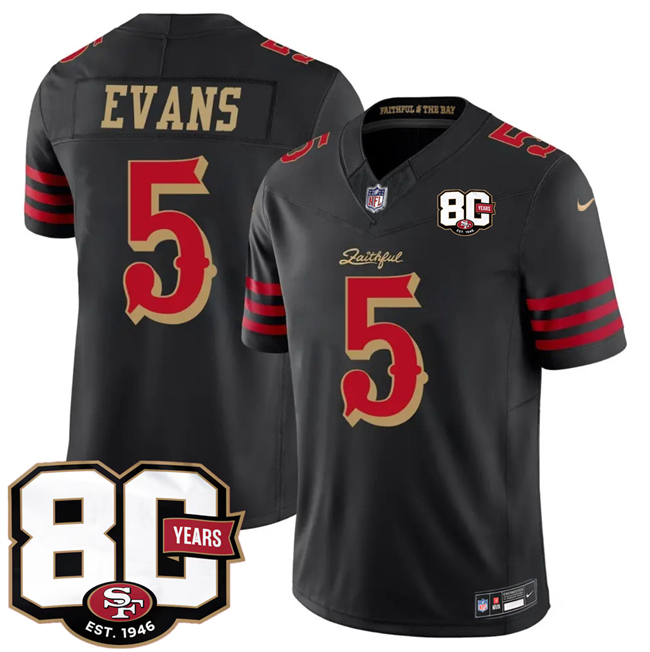 San Francisco 49ers #5 Mike Evans Black 80th Anniversary Patch ??Rivalries?? 2026 F.U.S.E. Vapor Untouchable Limited Football Stitched Jersey
