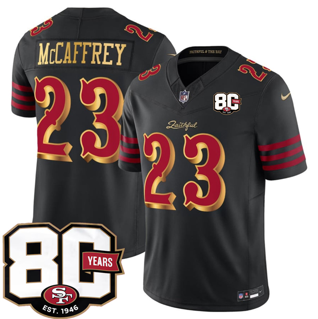 San Francisco 49ers #23 Christian McCaffrey Black 80th Anniversary Patch ??Rivalries?? 2026 F.U.S.E. Vapor Untouchable Limited Football Stitched Jersey