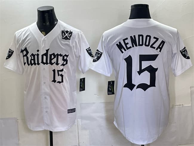 Las Vegas Raiders #15 Fernando Mendoza White 'Gothic Sin City Shadows Edition' With 65th Anniversary Patch Vapor Limited Stitched Baseball Jersey Las Vegas Raiders #15 Fernando Mendoza White 'Gothic Sin City Shadows Edition' With 65th Anniversary Patch Vapor Limited Stitched Baseball Jersey