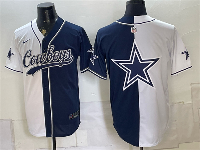Dallas Cowboys Team Big Logo White Navy Split Stitched Jersey