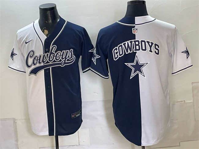 Dallas Cowboys Team Big Logo White Navy Split Stitched Jersey
