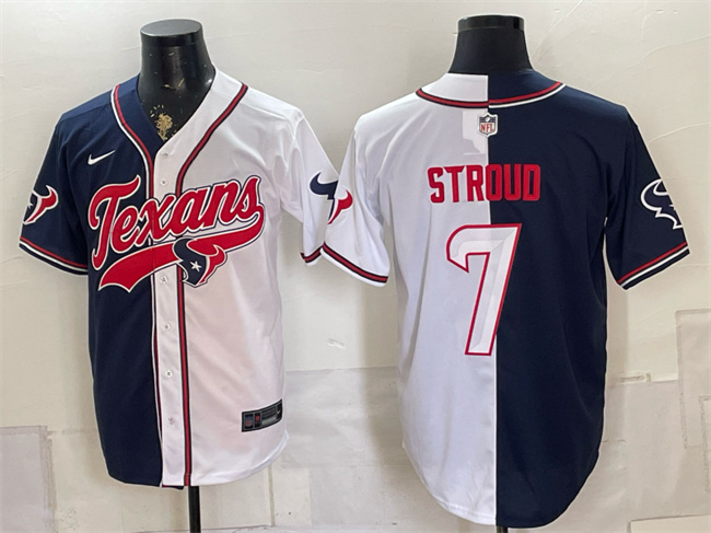 Houston Texans #7 C.J. Stroud Navy White Split With Patch Cool Base Stitched Baseball Jersey Houston Texans #7 C.J. Stroud Navy White Split With Patch Cool Base Stitched Baseball Jersey
