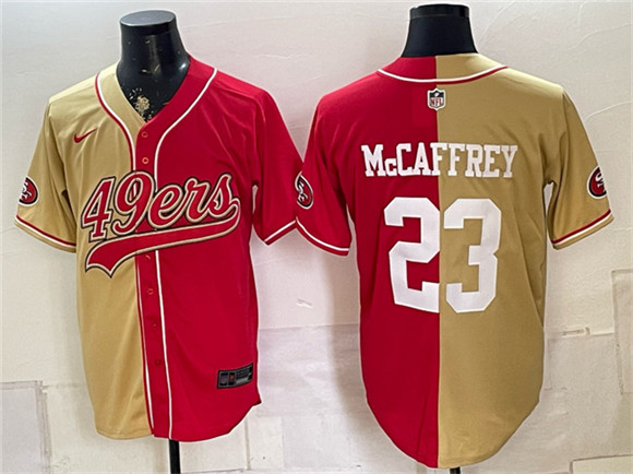 San Francisco 49ers #23 Christian McCaffrey Gold Red Split Stitched Jersey