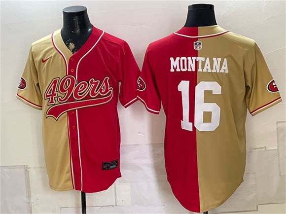 San Francisco 49ers #16 Joe Montana Gold Red Split Stitched Jersey