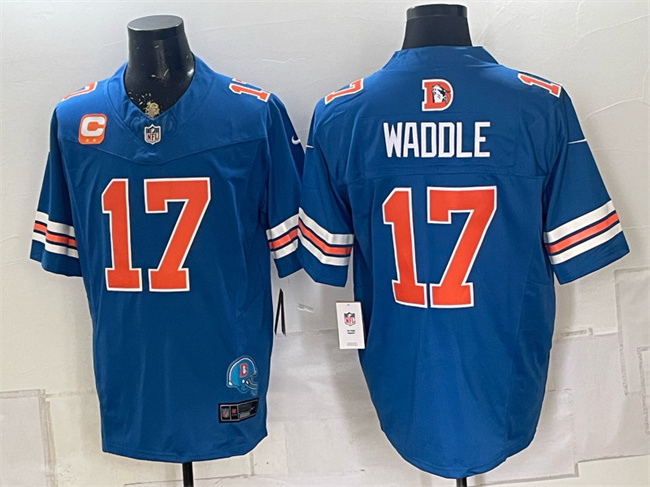 Denver Broncos #17 Jaylen Waddle Blue F.U.S.E. With 2-Star C Patch Throwback Vapor Limited Football Stitched Jersey
