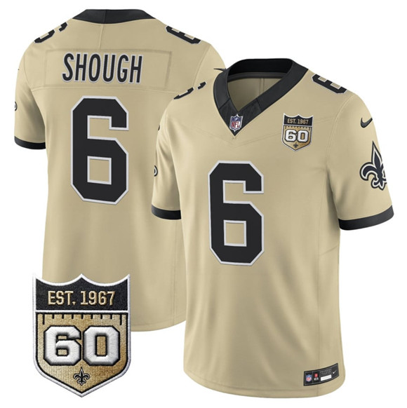 New Orleans Saints #6 Tyler Shough Gold 2026 F.U.S.E 60th Anniversary Patch Vapor Limited Football Stitched Jersey New Orleans Saints #6 Tyler Shough Gold 2026 F.U.S.E 60th Anniversary Patch Vapor Limited Football Stitched Jersey