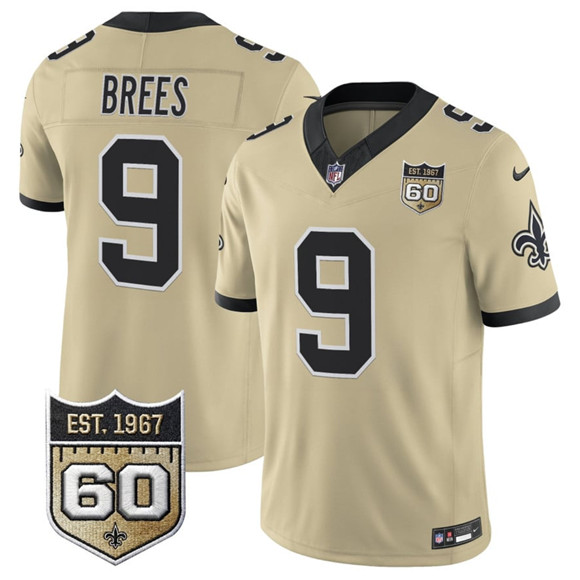 New Orleans Saints #9 Drew Brees Gold 2026 F.U.S.E 60th Anniversary Patch Vapor Limited Football Stitched Jersey New Orleans Saints #9 Drew Brees Gold 2026 F.U.S.E 60th Anniversary Patch Vapor Limited Football Stitched Jersey