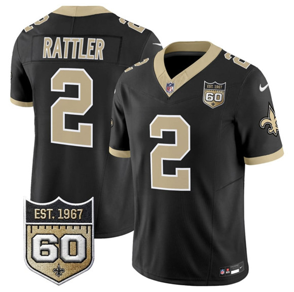 New Orleans Saints #2 Spencer Rattler Black 2026 F.U.S.E 60th Anniversary Patch Vapor Limited Football Stitched Jersey New Orleans Saints #2 Spencer Rattler Black 2026 F.U.S.E 60th Anniversary Patch Vapor Limited Football Stitched Jersey