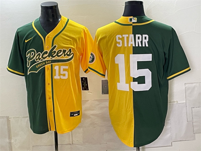 Green Bay Packers #15 Bart Starr Green Gold Split Cool Base Stitched Baseball Jersey Green Bay Packers #15 Bart Starr Green Gold Split Cool Base Stitched Baseball Jersey