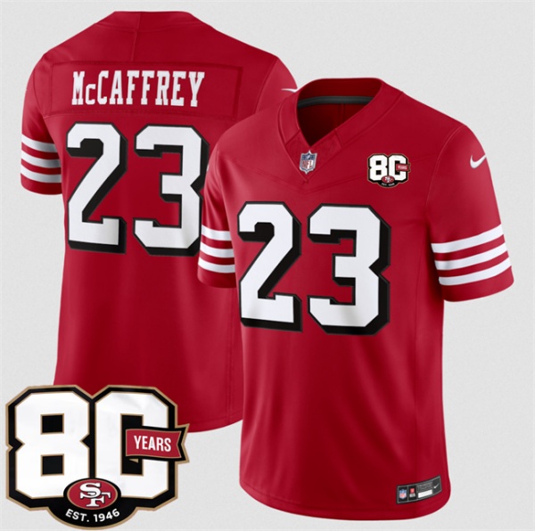 San Francisco 49ers #23 Christian McCaffrey New Red 80th Anniversary Patch 2026 F.U.S.E. Vapor Untouchabl Limited Football Stitched Jersey