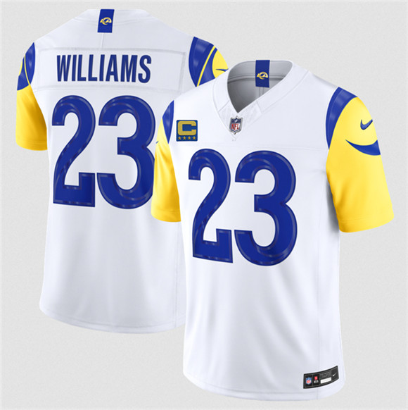 Los Angeles Rams #23 Kyren Williams White 2026 F.U.S.E. 4-Star C Patch Vapor Limited Football Stitched Jersey Los Angeles Rams #23 Kyren Williams White 2026 F.U.S.E. 4-Star C Patch Vapor Limited Football Stitched Jersey