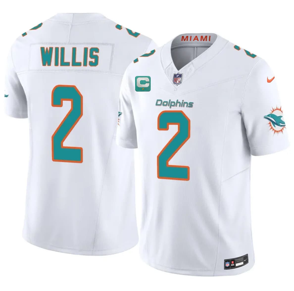 Miami Dolphins #2 Malik Willis White 2026 F.U.S.E. 1-Star C Patch Vapor Limited Football Stitched Jersey Miami Dolphins #2 Malik Willis White 2026 F.U.S.E. 1-Star C Patch Vapor Limited Football Stitched Jersey