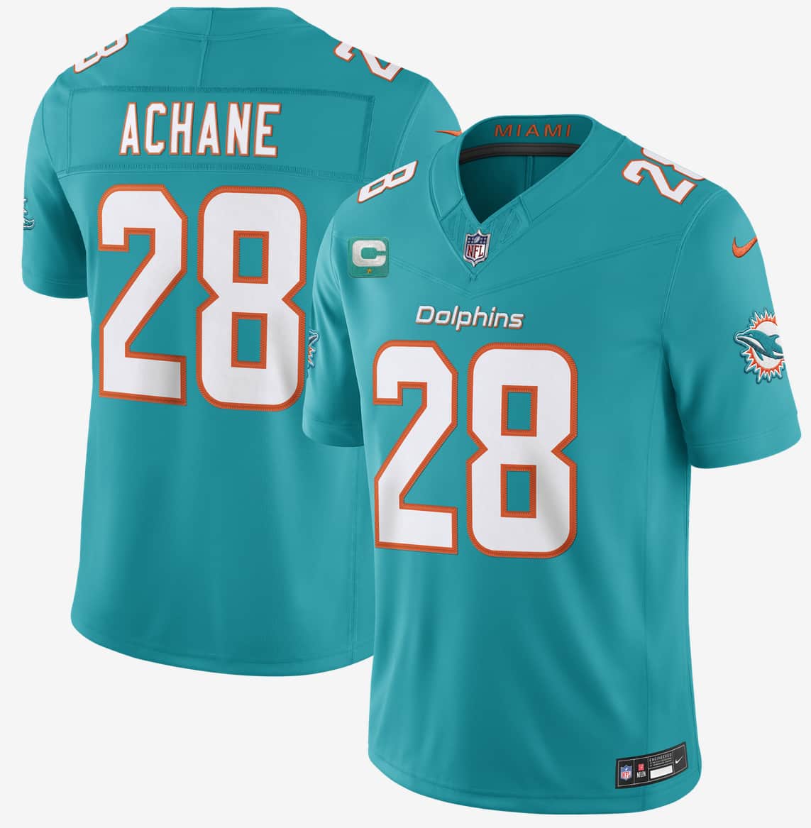 Miami Dolphins #28 De'Von Achane Aqua 2026 F.U.S.E. 1-Star C Patch Vapor Limited Football Stitched Jersey Miami Dolphins #28 De'Von Achane Aqua 2026 F.U.S.E. 1-Star C Patch Vapor Limited Football Stitched Jersey