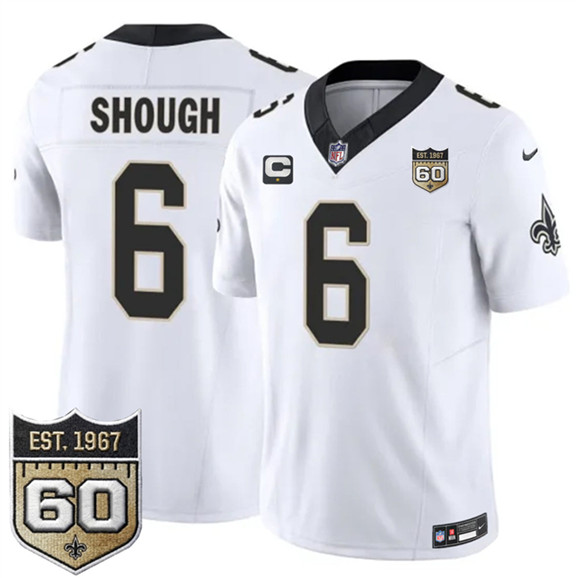 New Orleans Saints #6 Tyler Shough White 2026 F.U.S.E With 1-Star C Patch And 60th Anniversary Patch Vapor Limited Football Stitched Jersey New Orleans Saints #6 Tyler Shough White 2026 F.U.S.E With 1-Star C Patch And 60th Anniversary Patch Vapor Limited Football Stitched Jersey