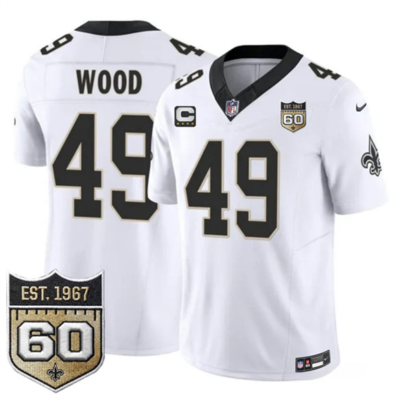 New Orleans Saints #49 Zach Wood White 2026 F.U.S.E With 4-Star C Patch And 60th Anniversary Patch Vapor Limited Football Stitched Jersey New Orleans Saints #49 Zach Wood White 2026 F.U.S.E With 4-Star C Patch And 60th Anniversary Patch Vapor Limited Football Stitched Jersey