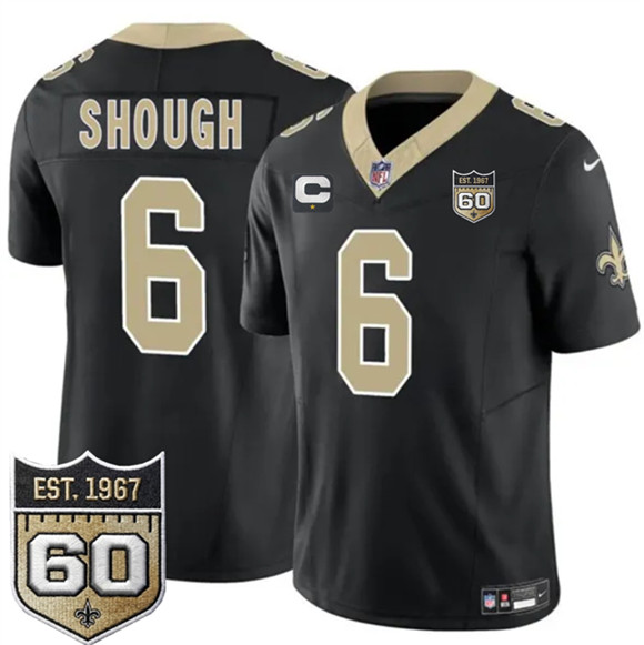 New Orleans Saints #6 Tyler Shough Black 2026 F.U.S.E With 1-Star C Patch And 60th Anniversary Patch Vapor Limited Football Stitched Jersey New Orleans Saints #6 Tyler Shough Black 2026 F.U.S.E With 1-Star C Patch And 60th Anniversary Patch Vapor Limited Football Stitched Jersey