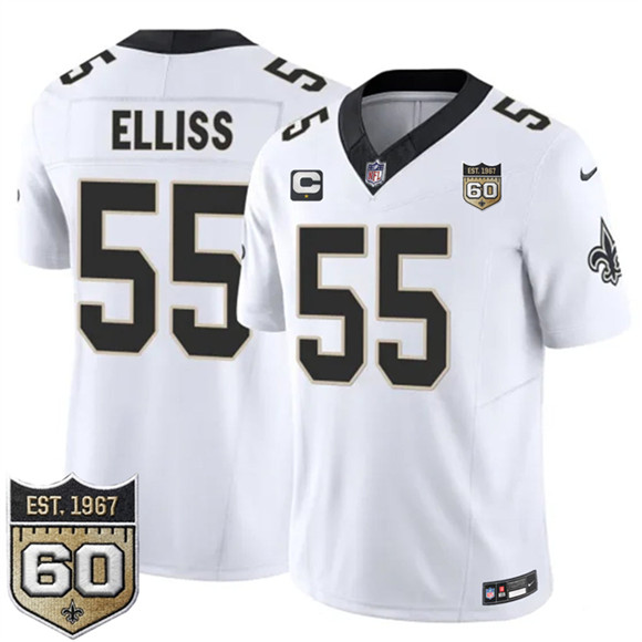 New Orleans Saints #55 Kaden Elliss White 2026 F.U.S.E With 1-Star C Patch And 60th Anniversary Patch Vapor Limited Football Stitched Jersey New Orleans Saints #55 Kaden Elliss White 2026 F.U.S.E With 1-Star C Patch And 60th Anniversary Patch Vapor Limited Football Stitched Jersey