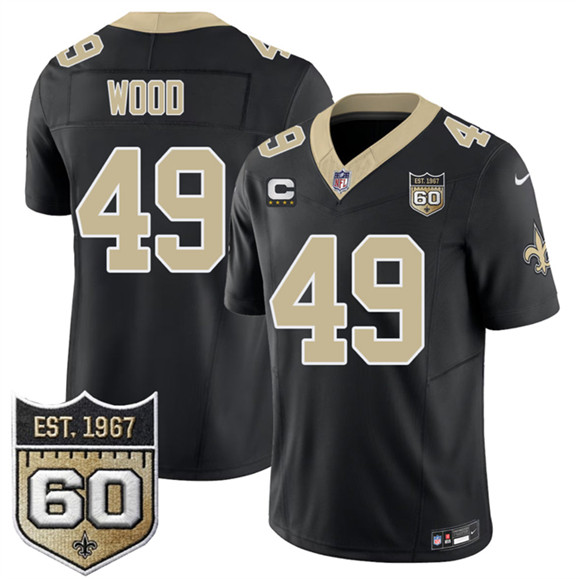 New Orleans Saints #49 Zach Wood Black 2026 F.U.S.E With 4-Star C Patch And 60th Anniversary Patch Vapor Limited Football Stitched Jersey New Orleans Saints #49 Zach Wood Black 2026 F.U.S.E With 4-Star C Patch And 60th Anniversary Patch Vapor Limited Football Stitched Jersey