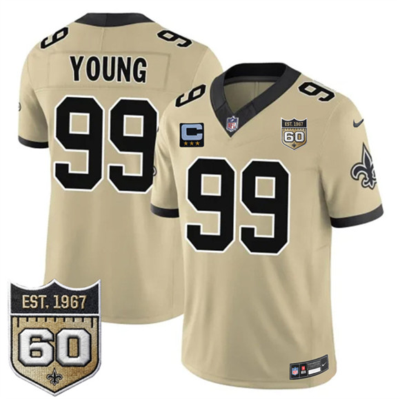New Orleans Saints #99 Chase Young Gold 2026 F.U.S.E With 3-Star C Patch And 60th Anniversary Patch Vapor Limited Football Stitched Jersey New Orleans Saints #99 Chase Young Gold 2026 F.U.S.E With 3-Star C Patch And 60th Anniversary Patch Vapor Limited Football Stitched Jersey