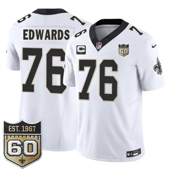 New Orleans Saints #76 David Edwards White 2026 F.U.S.E With 1-Star C Patch And 60th Anniversary Patch Vapor Limited Football Stitched Jersey New Orleans Saints #76 David Edwards White 2026 F.U.S.E With 1-Star C Patch And 60th Anniversary Patch Vapor Limited Football Stitched Jersey