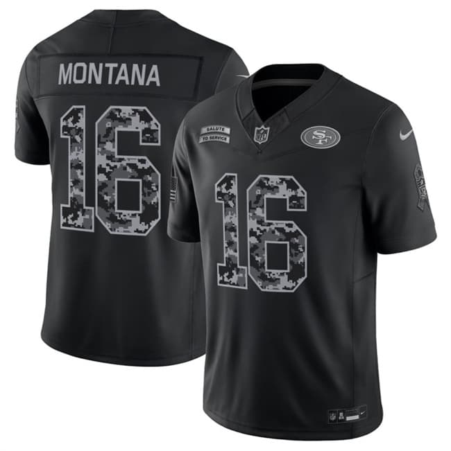 San Francisco 49ers #16 Joe Montana Black 2026 F.U.S.E. Salute to Service Limited Stitched Football Jersey San Francisco 49ers #16 Joe Montana Black 2026 F.U.S.E. Salute to Service Limited Stitched Football Jersey