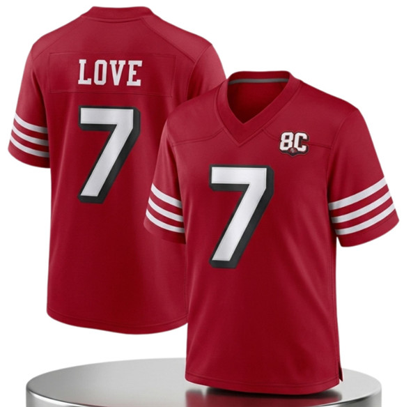 San Francisco 49ers #7 Daejon Love Red 80th Anniversary Patch 2026 Football Stitched Jersey
