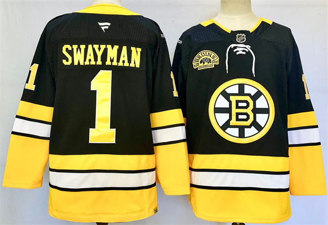 Boston Bruins #1 Jeremy Swayman Black 100th Anniversary Stitched Hockey Jersey