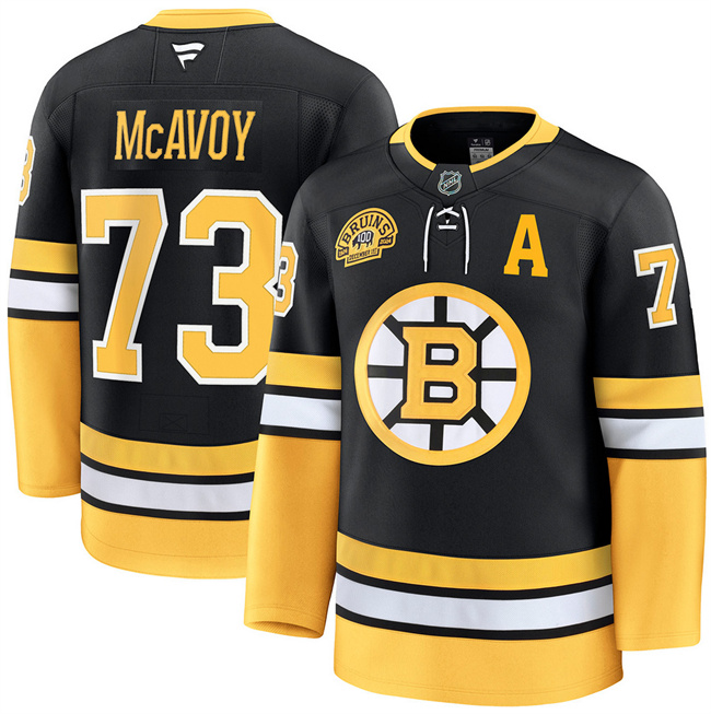 Boston Bruins #73 Charlie McAvoy Black 100th Anniversary With Patch Stitched Hockey Jersey