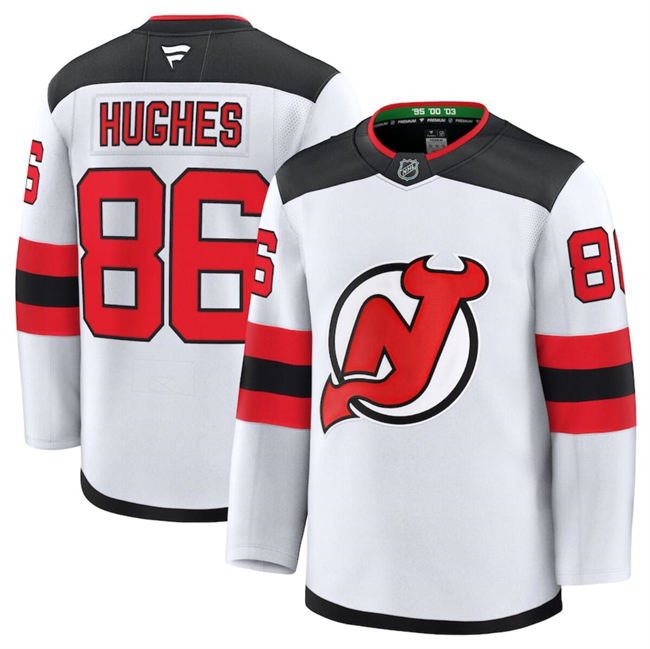 New Jersey Devils #86 Hughes Fanatics White 2024-25 Away Stitched Hockey Jersey