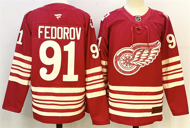Detroit Red Wings #91 Sergei Fedorov Red 2025-26 Centennial Premium Stitched Hockey Jersey