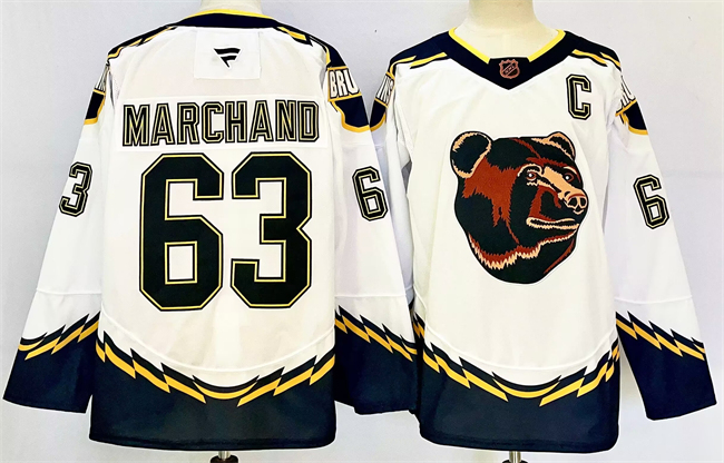 Boston Bruins #63 Brad Marchand White 2024-25 With C Patch Reverse Retro Home Stitched Hockey Jersey