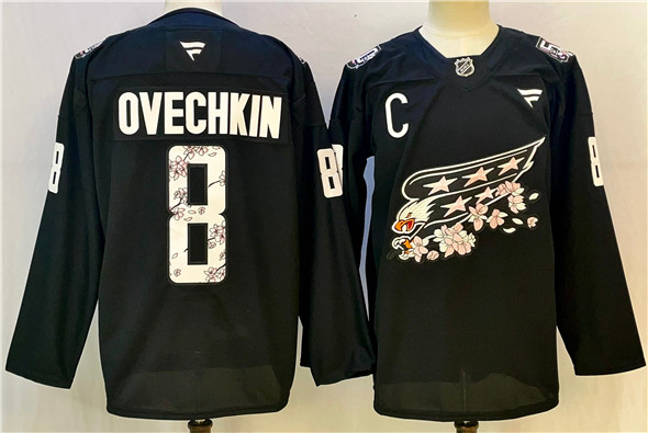 Washington Capitals #8 Alex Ovechkin Black Cherry Blossom With C Patch Stitched Hockey Jersey