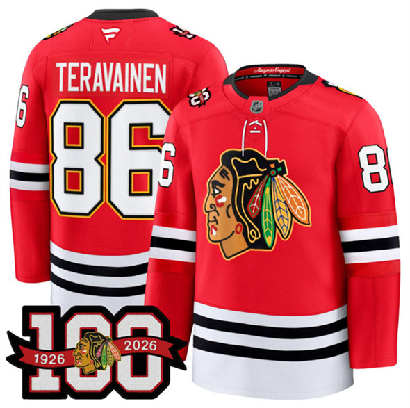 Chicago Blackhawks #86 Teuvo Teravainen Red 2025 Home 100th Anniversary Stitched Hockey Jersey