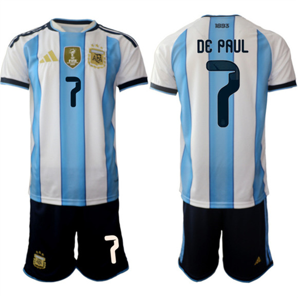 Argentina #7 Rodrigo Javier De Paul White Blue 2025-26 Home Soccer Jersey Suit Argentina #7 Rodrigo Javier De Paul White Blue 2025-26 Home Soccer Jersey Suit