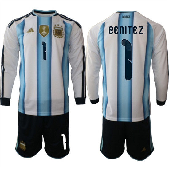 Argentina #1 Benitez Long Sleeve National Team FIFA x World Cup 2026 Home White On Field Jersey