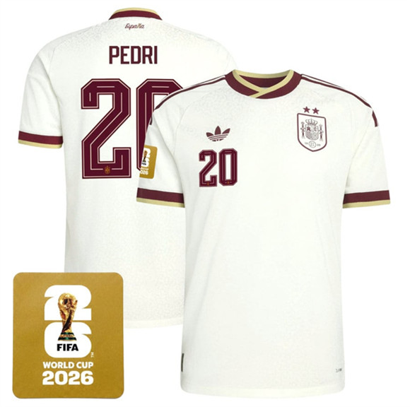 Spain Team #20 Pedri White 2026 World Cup Away Soccer Jersey Spain Team #20 Pedri White 2026 World Cup Away Soccer Jersey